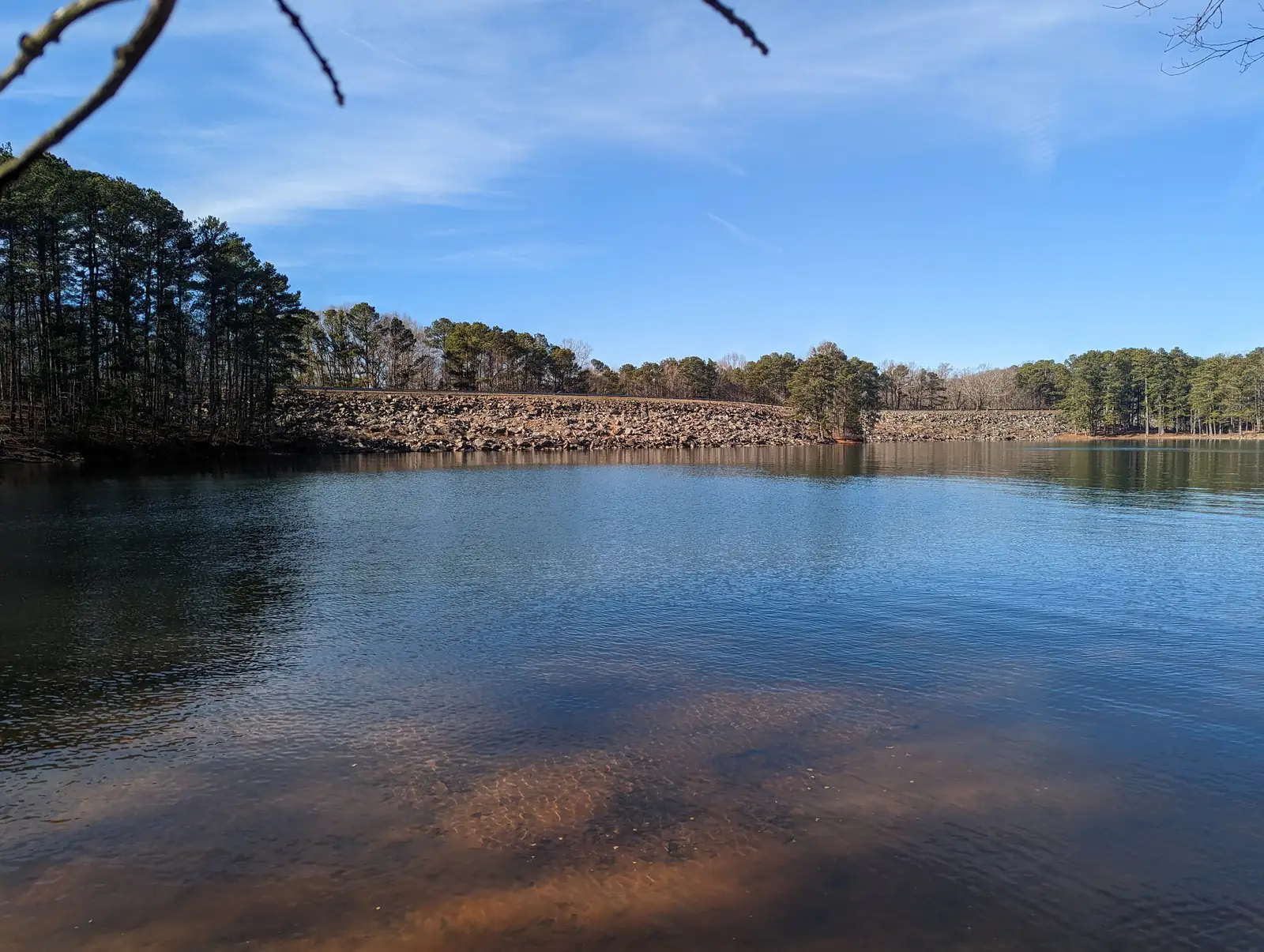 Clear, rippled blue lake water with a sandy bottom showing in the foreground stretches to a long embankment faced with tan riprap boulders, topped by a road and lined with pines and bare hardwoods under a bright blue sky with thin wispy cloud; a bare twig frames the top left.